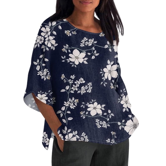 Ruyang Linen Shirts for Women 3/4 Sleeve Crewneck Oversized T Shirts Dressy Loose Casual Blouses Trendy Summer Tunic Tops 2024 Womens Shirts