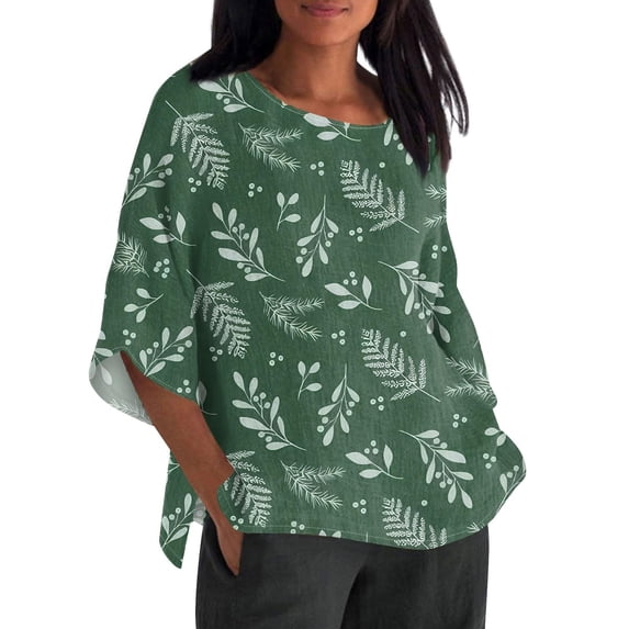 Ruyang Linen Shirts for Women 3/4 Sleeve Crewneck Oversized T Shirts Loose Casual Blouses Lightweight Trendy Summer Tops