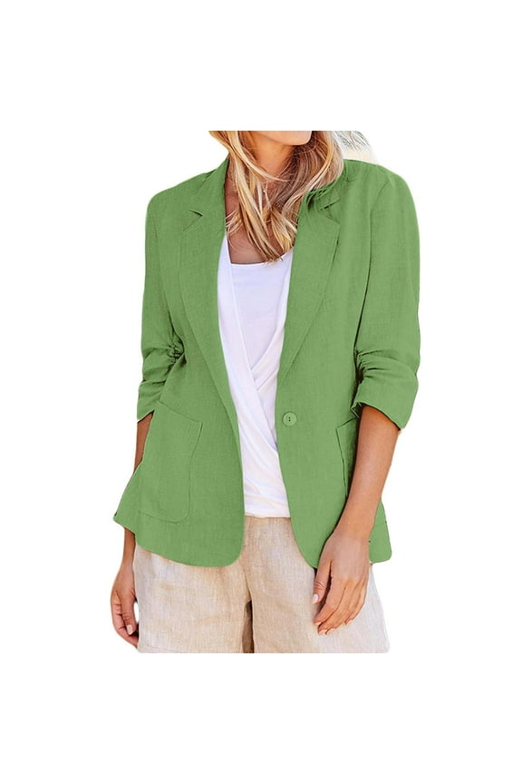 Linen Suit Jackets Women Casual 3/4 Stretchy Ruched Sleeve Lightweight Work Office Jacket with Pockets Ladies Down Vest