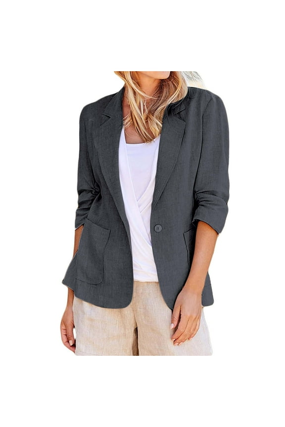Linen Suit Jackets Women Casual 3/4 Stretchy Ruched Sleeve Lightweight Work Office Jacket with Pockets Ladies Down Vest
