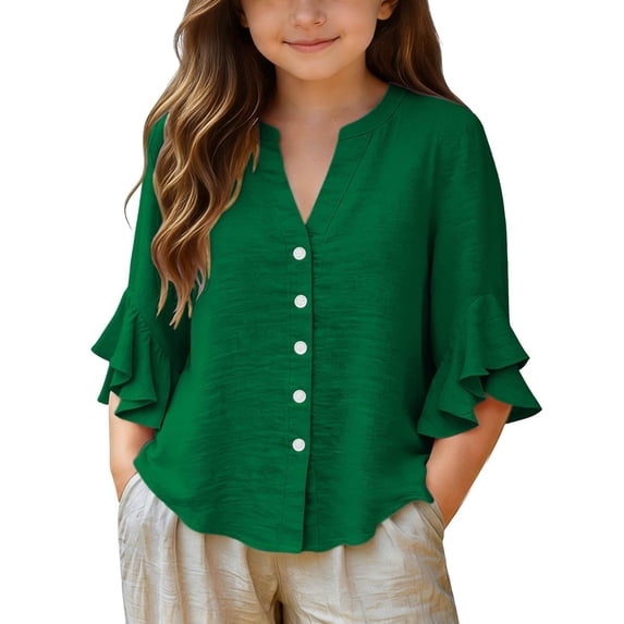 Ruyang Linen T Shirts for Girls Ruffled Button Down V-Neck Short Sleeved Summer Vacation Loose Fit Beach Vacation Tee Tops