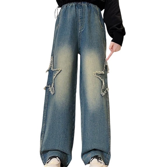 Ruyang Kids Wide Leg Wash Cargo Jeans Elastic Waist Distressed Star Ripped All Seasons 𝐘2K Hip Hop Fashion Denim Pants