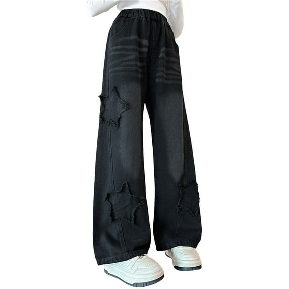 Ruyang Little Girls Aesthetic Baggy Ripped Jeans Star Straight Wide Leg Denim Pants Kids Y2K Cute Fashion Flare Trousers