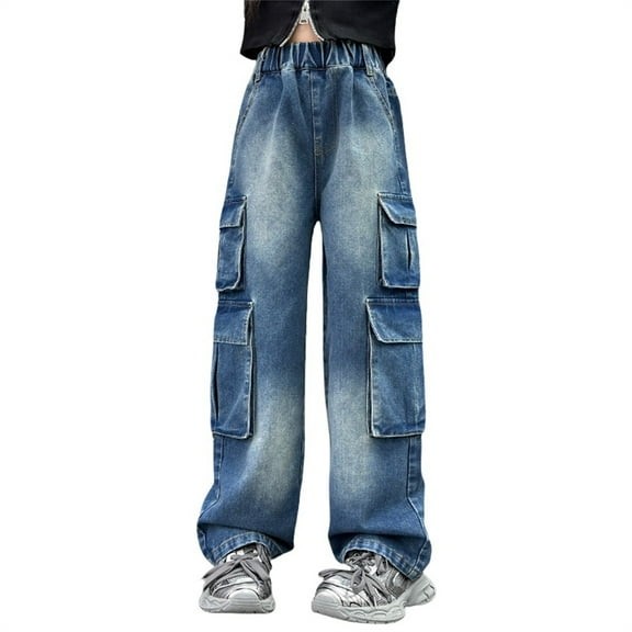 Ruyang Little Girls Aesthetic Baggy Ripped Jeans Star Straight Wide Leg Denim Pants Kids Y2K Cute Fashion Flare Trousers