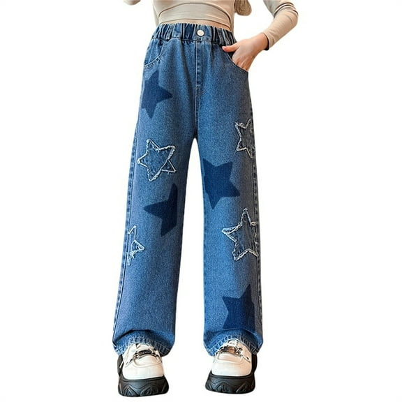 Ruyang Little Girls Aesthetic Baggy Ripped Jeans Star Straight Wide Leg Denim Pants Kids Y2K Cute Fashion Flare Trousers