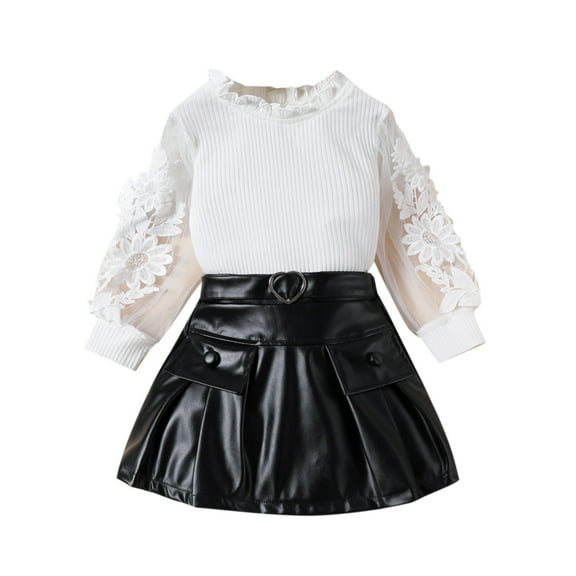 Ruyang Little Girls Faux Leather Skirts Set Fashion Puff Sleeve Tshirt Tops with Skirt Spring Outfit 2Pcs Clothing Set