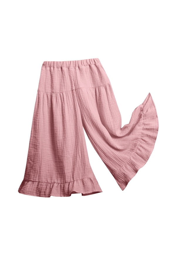 Little Girls Palazzo Pants Cotton Linen Flowy Wide Leg Pants Toddler Baby Girls Elastic Waist Ruffled Loose Casual Trousers