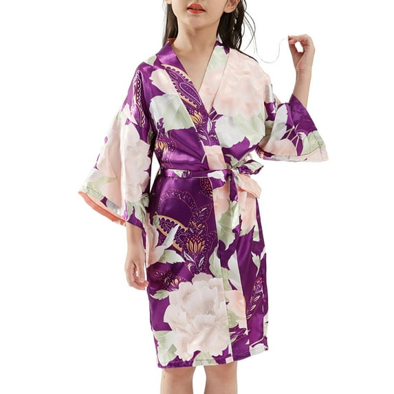 Ruyang Little Girls Silk Bathrobe Kids Long Sleeve Floral Satin Kimono Robe for Party Dress Nightgown Pajamas Sleepwear