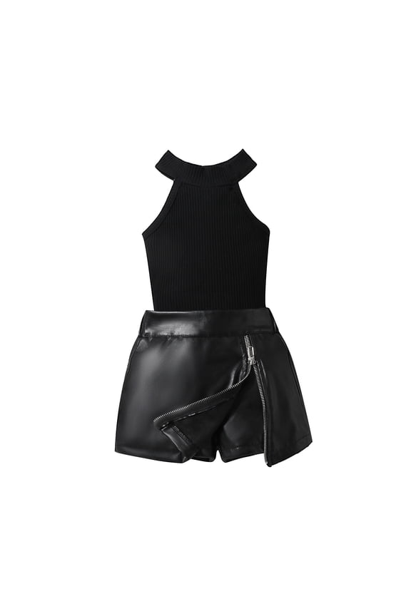 Little Girls Skirts Set Off Shoulder Vest Top Faux Leather Short Skirts,Toddler Summer Basic Skirts 2 PCS