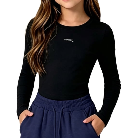 Ruyang Long Sleeve Shirts for Girls Kids Basic Tees Cotton Crew Neck Slim Fit Tops Lightweight Fall Cozy Layering Clothes