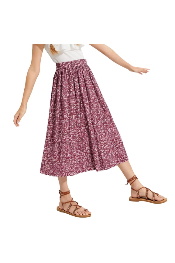 Midi Skirts for Teen Girls Print A Line Elastic Waist Half Body Dresses Summer Casual Loose Boho Beach Vacation Dresses