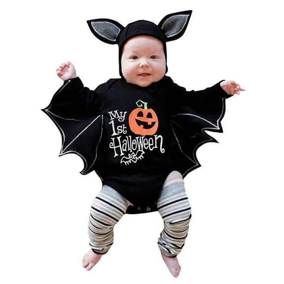 Ruyang My 1st Halloween Outfit for Baby Boys Cute Romper with Wing Hat Set Long Sleeve Bodysuit Buttons Cotton Onesie