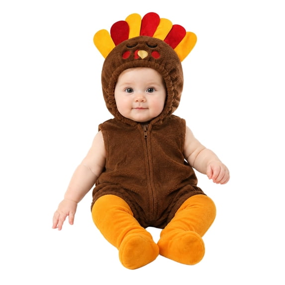 Ruyang My First Thanksgiving Baby Boy Girl Outfit Turkey Hooded Zip Up Sleeveless Tank Romper Bodysuit with Socks