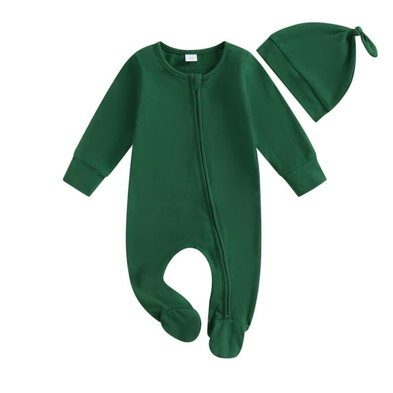 Ruyang New Born Baby Boys Footie Romper Sets Unisex Solid Color Long Sleeve Zipper Jumpsuit with Beanie 2Pcs Outfits