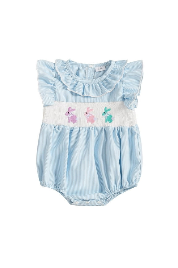 New Born Baby Girl Smocked Romper Embroidery Ruffle Collar Sleeveless Bubble Bodysuit Summer Easter Bunny Rompers