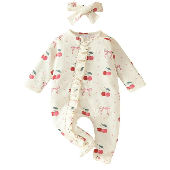 Ruyang New Born Baby Girls Cherry Graphic Jumpsuit Bowknot Headband Cute Ruffle Zip Up Bodysuit Long Sleeve Footie Onesie