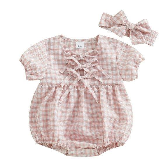 Ruyang New Born Baby Girls Romper Plaid Short Sleeve One-Piece Toddler Girl Summer Bodysuits Headband Baby Clothes