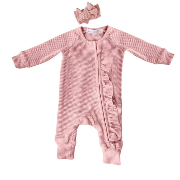Ruyang New Born Baby Girls Ruffle Bodysuit with Bowknot Headband Fall Winter Cute Jumpsuit Long Sleeve Zipper Warm Romper