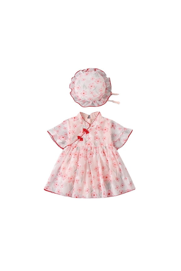 New Born Girl Retro Cheongsam Collar Dresses Toddler Chinese Suit Onesie Cheongsam Skirt Baby Tang Summer Dress With Hat