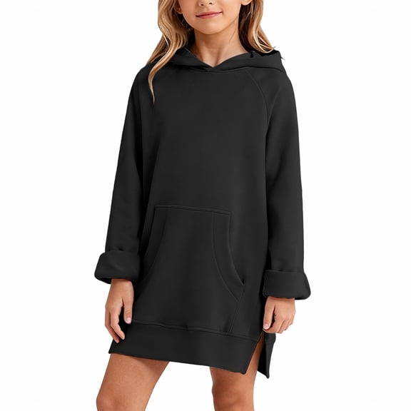 Ruyang Oversized Hoodie Dress for Girls Long Hooded Sweatshirt Dress Pocket Side Split Warm Casual Cozy Pullover Sweaters