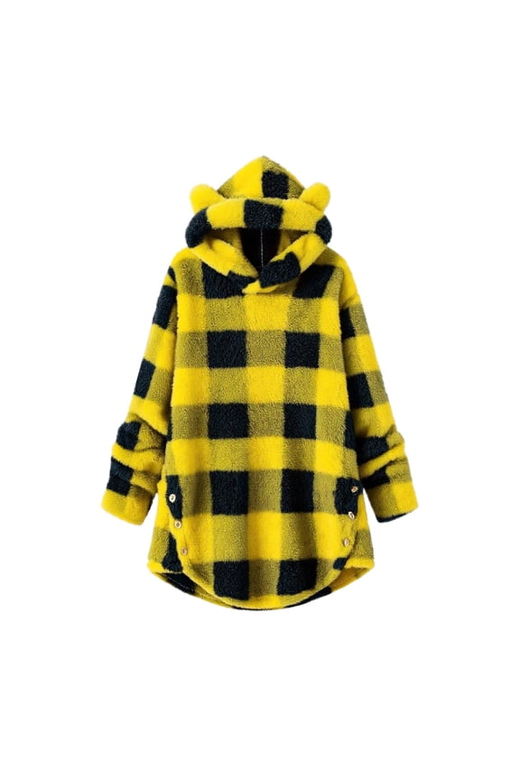 Christmas Fleece Sweatshirts for Teen Girls Buffalo Plaid Fuzzy Pullover Hoodies Oversized Long Furry Hooded Coat