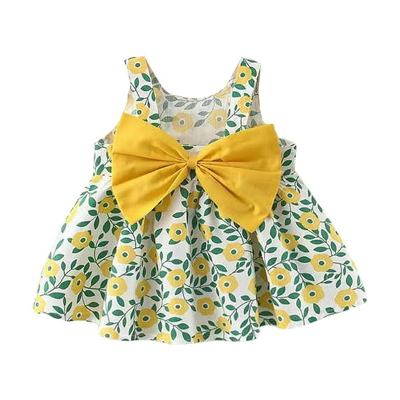 Ruyang Flower Girls Smocked Dress with Bow Floral Print Sleeveless Square Neck Pleated Dresses Ruffles Cute Birthday Dress