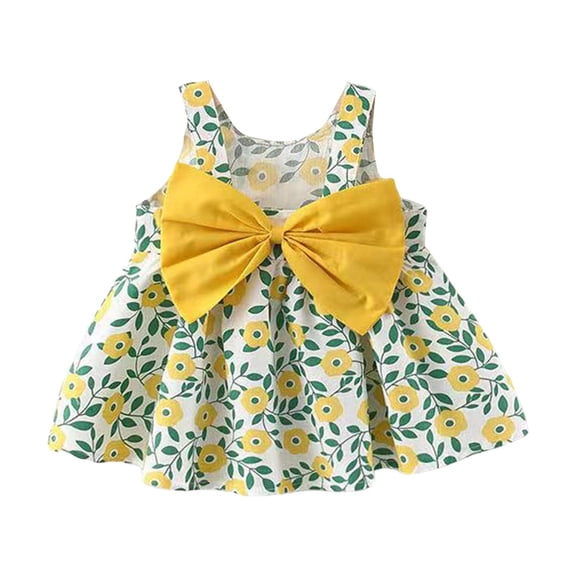 Ruyang Flower Girls Smocked Dress with Bow Floral Print Sleeveless Square Neck Pleated Dresses Ruffles Cute Birthday Dress