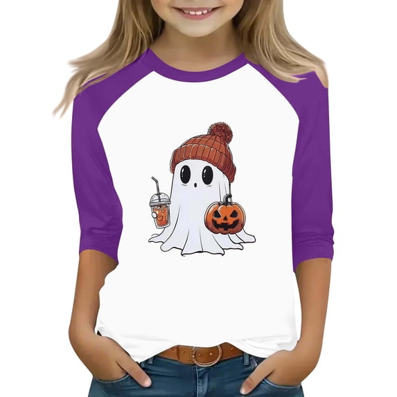Ruyang Pumpkin Shirts for Kids Girls Ghost Raglan 3/4 Sleeve T Shirt Round Neck Tee Tops Youth Teens Fall Halloween Clothes