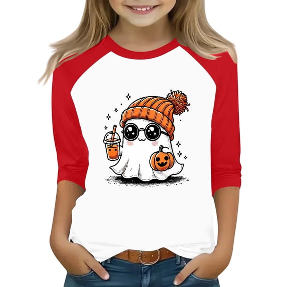 Ruyang Pumpkin Shirts for Kids Girls Ghost Raglan 3/4 Sleeve T Shirt Round Neck Tee Tops Youth Teens Fall Halloween Clothes