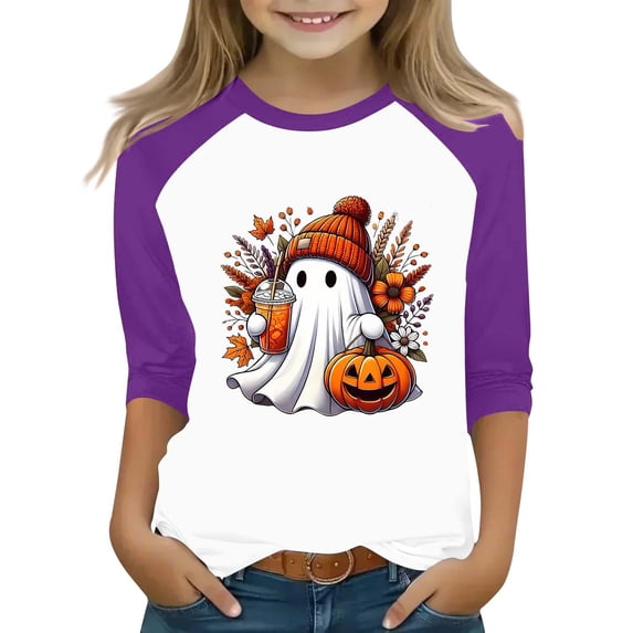 Ruyang Pumpkin Shirts for Kids Girls Ghost Raglan 3/4 Sleeve T Shirt Round Neck Tee Tops Youth Teens Fall Halloween Clothes