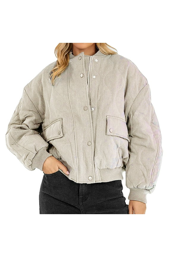 Quilted Jackets for Women Long Sleeve Zip Up Jacket Coat Loose Fit Puffer Jackets Winter Warm Outwear with Pockets