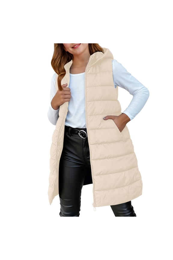 Quilted Puffer Vest for Teen Girls Boys Padded Warm Down Coat Sleeveless Zip Up Lightweight Hooded Long Jackets