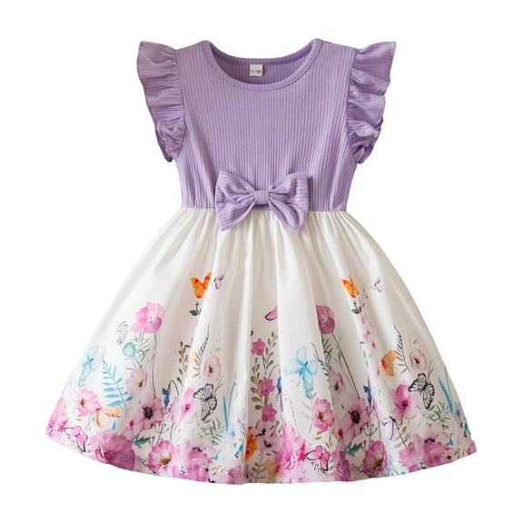Ruyang Ruffles Sleeve Knit Flower Girls Dress Crew Neck Ribbed Summer Pleated Dresses Cute Print Pleated Casual Dresses