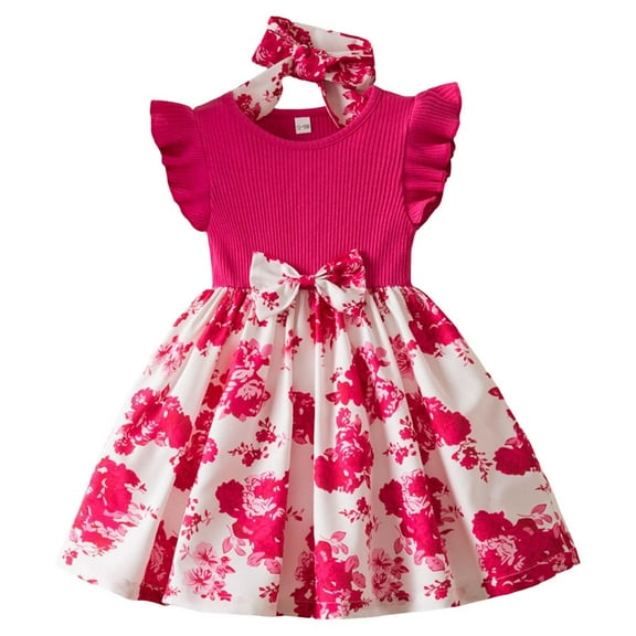 Ruyang Ruffles Sleeve Knit Flower Girls Dress Crew Neck Ribbed Summer Pleated Dresses Cute Print Pleated Casual Dresses