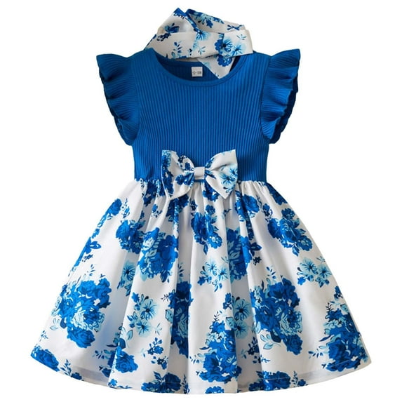 Ruyang Ruffles Sleeve Knit Flower Girls Dress Crew Neck Ribbed Summer Pleated Dresses Cute Print Pleated Casual Dresses