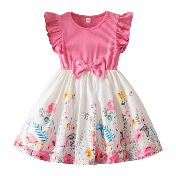 Ruyang Ruffles Sleeve Knit Flower Girls Dress Crew Neck Ribbed Summer Pleated Dresses Cute Print Pleated Casual Dresses