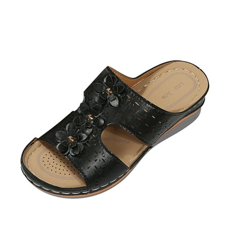 Ruyang Sandals for Women Summer Retro Leather Flower Decorative Open Toe Thick Sole Sandals Double Buckle Sandals for Women
