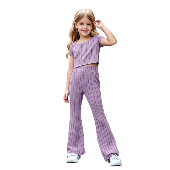 Ruyang Sets for Girls Crew Neck Short Sleeve Crop Top High Waist Flared Pants Outfits Kids Ribbed Knit Set Fall Summer Clothes