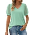 thumbnail image 1 of Ruyang Short Sleeve Tshirts for Women Chiffon V Neck Blouses Cute Mesh Sleeve Tops Summer Fashion Casual Top Women Shirts, 1 of 8