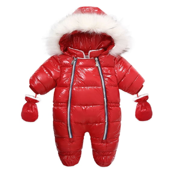 Ruyang Snow Suit Baby Onesie Double Zip-front Hood Snowsuit with Mittens Boys Insulated Sherpa Lined Winter Warm Outerwear
