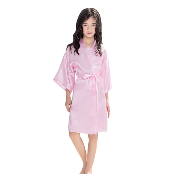 Ruyang Solid Kimono Wrap Dress for Girls Floral Print Kimono Cover Up Kids Trendy Holiday Casual Party Dress Robe