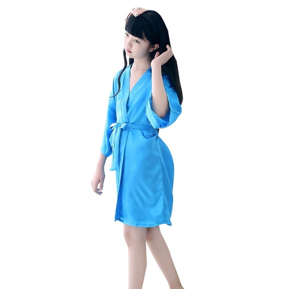 Ruyang Solid Kimono Wrap Dress for Girls Floral Print Kimono Cover Up Kids Trendy Holiday Casual Party Dress Robe