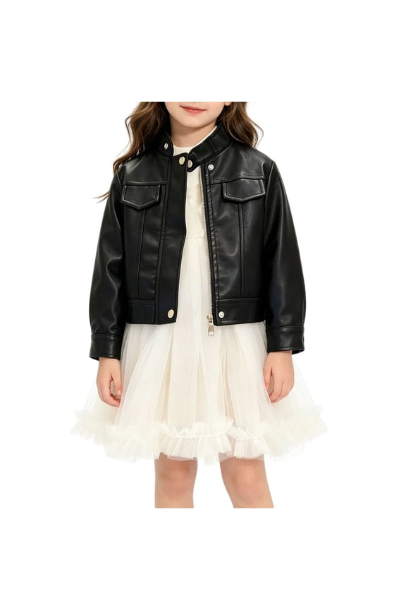 Stand Collar Moto Jacket for Girls Zip Up Wind Resistant Leather Coat Toddler Kids Autumn Winter Warm Rainproof Jacket