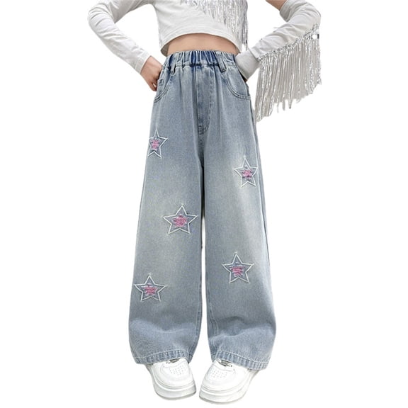 Ruyang Star Ripped Patch Baggy Jeans for Girls Wide Leg Jeans Elastic High Waist Trendy Denim Pants Teens Y2K Preppy Trousers
