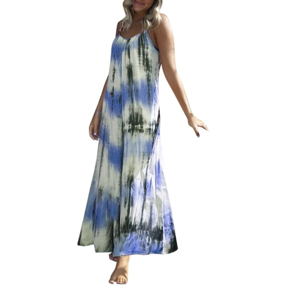 Ruyang Summer Beach Casual Dress Tie Dye Striped Print Halter Large Size Beach Skirt Ladies Casual Dress Dresses with Pocket