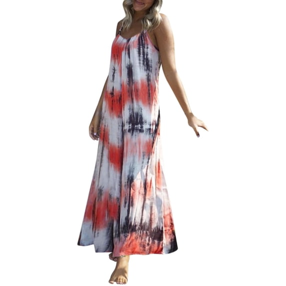 Ruyang Summer Beach Casual Dress Tie Dye Striped Print Halter Large Size Beach Skirt Ladies Casual Dress Dresses with Pocket
