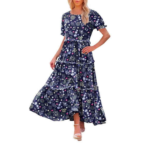 Ruyang Summer Casual Bohe Mian Floral Dresses For Women 2024 Puff Short Sleeve Long Maxi Dress With Pockets plus Size Dresses for Women