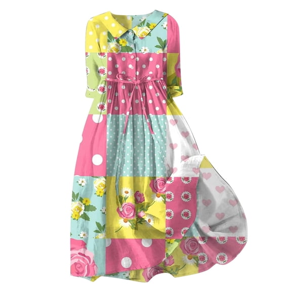 Ruyang Summer Dress for Women, Women's Casual Art Floral Print Button Mid Long Sleeve Loose Large Hem Drape Dress Women Tunic Dress