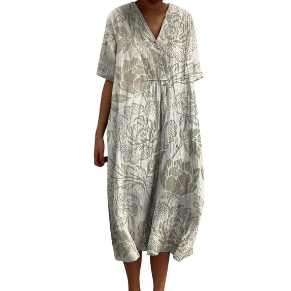 Ruyang Summer Dresses for Women 2024 Women's Short Sleeve A-Line Midi Dresses Casual Floral T-Shirt Dress Flowy Beach Sundress with Pockets
