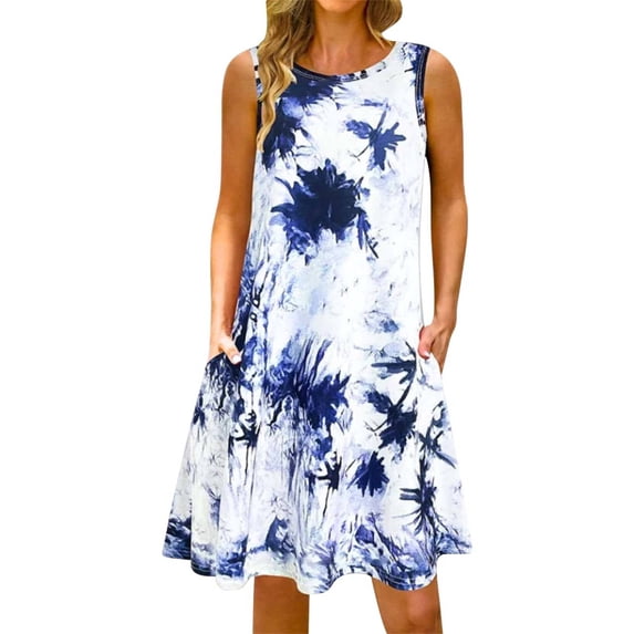 Ruyang Summer Dresses for Women Beach Floral Tshirt Sundress Casual Pockets Boho Tank Dress Sleeveless Spaghetti Strap Long Dress
